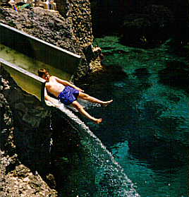 Alec off the slide at Pickled Parrot in Negril, Jamaica