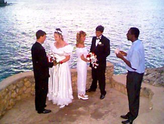 Mickey, Wendy, Bev, and Dave at Pickled Parrot in Negril Jamaica